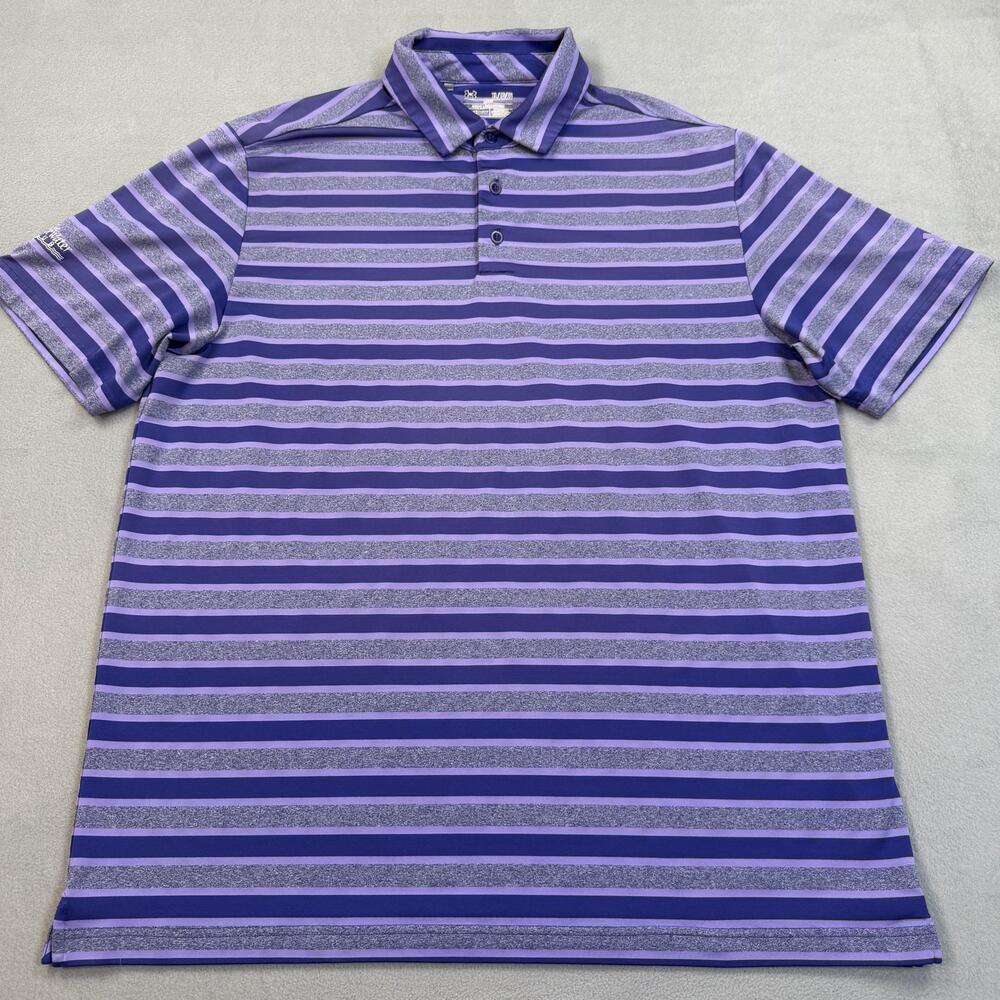 Under Armour Polo Shirt Mens XL Purple Stripe Golf HeatGear Bridgewater Club
